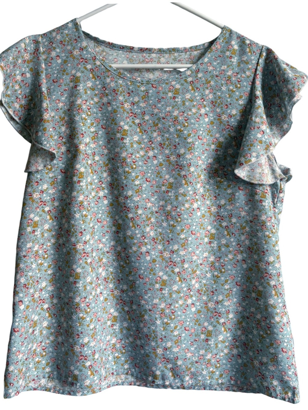 Emery Rose Blue Floral Blouse Flutter Sleeve Lightweight Womens M